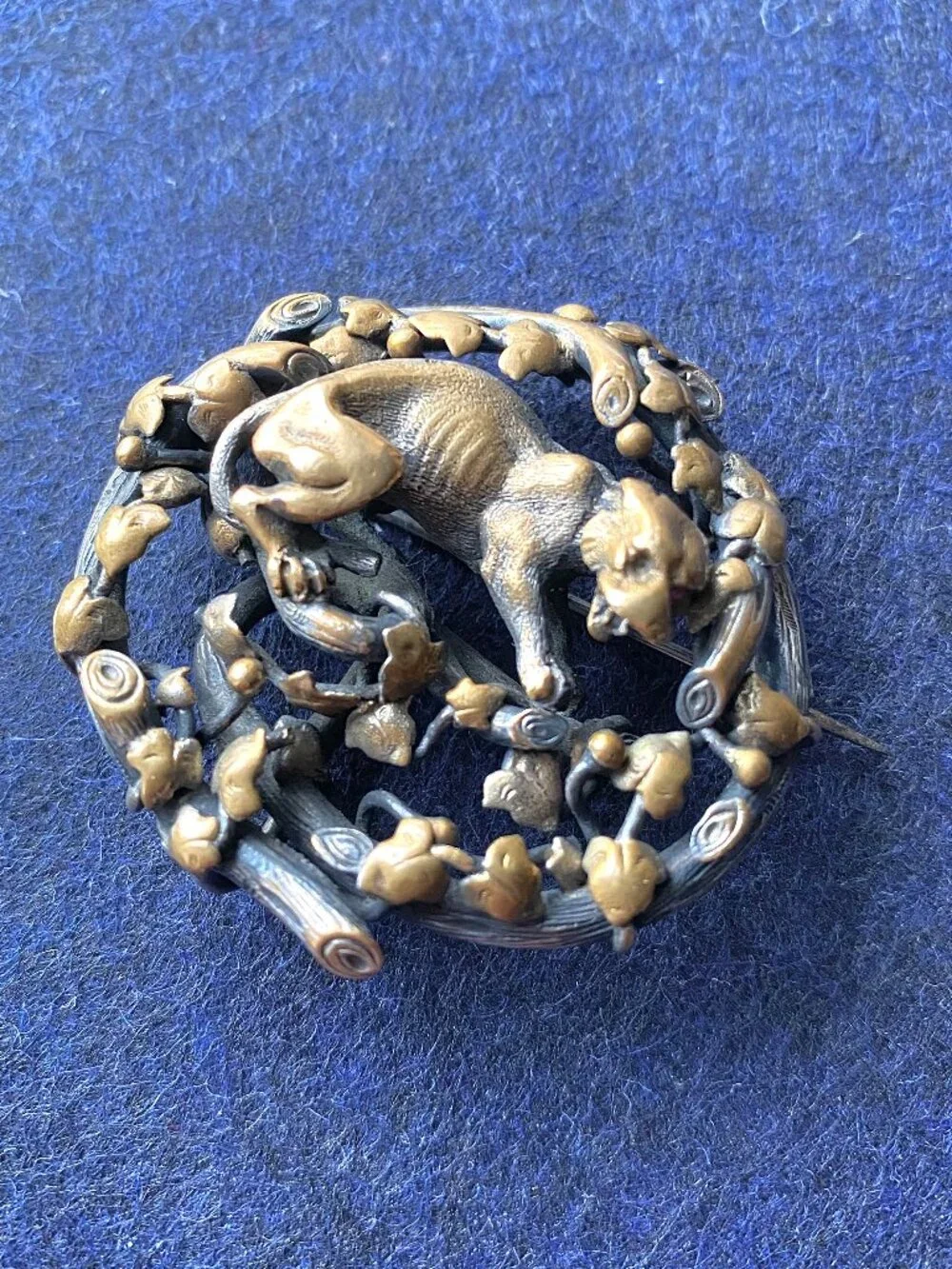 Sculptural Bronze/Copper Brooch with Cougar, Ivy, and Branches